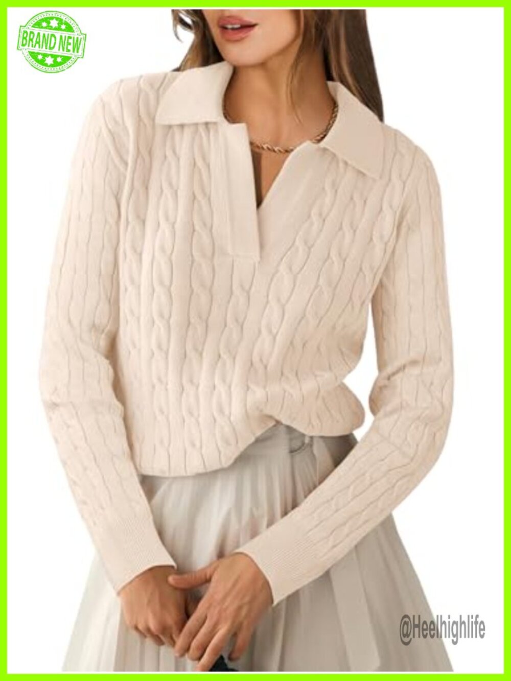 ANRABESS Cable Knit Polo Sweater Long Sleeve V-Neck Pullover